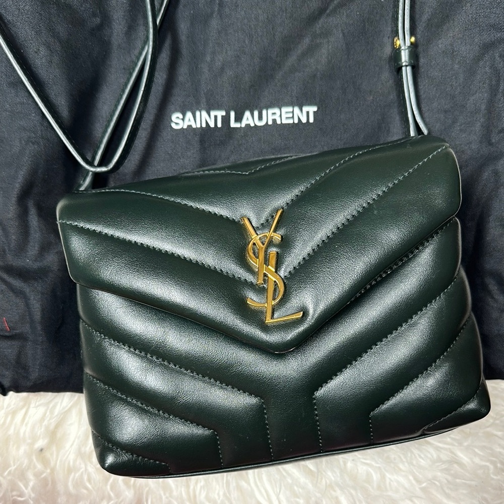 Saint Laurent Green Quilted Leather Shoulder Bag with Gold YSL
